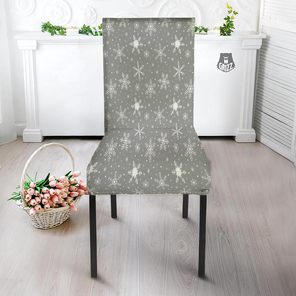 White Snowflake And Silver Print Pattern Dining Chair Slipcover-grizzshop
