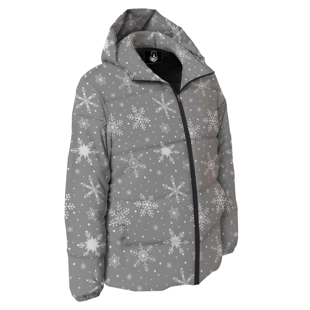 White Snowflake And Silver Print Pattern Down Jacket-grizzshop