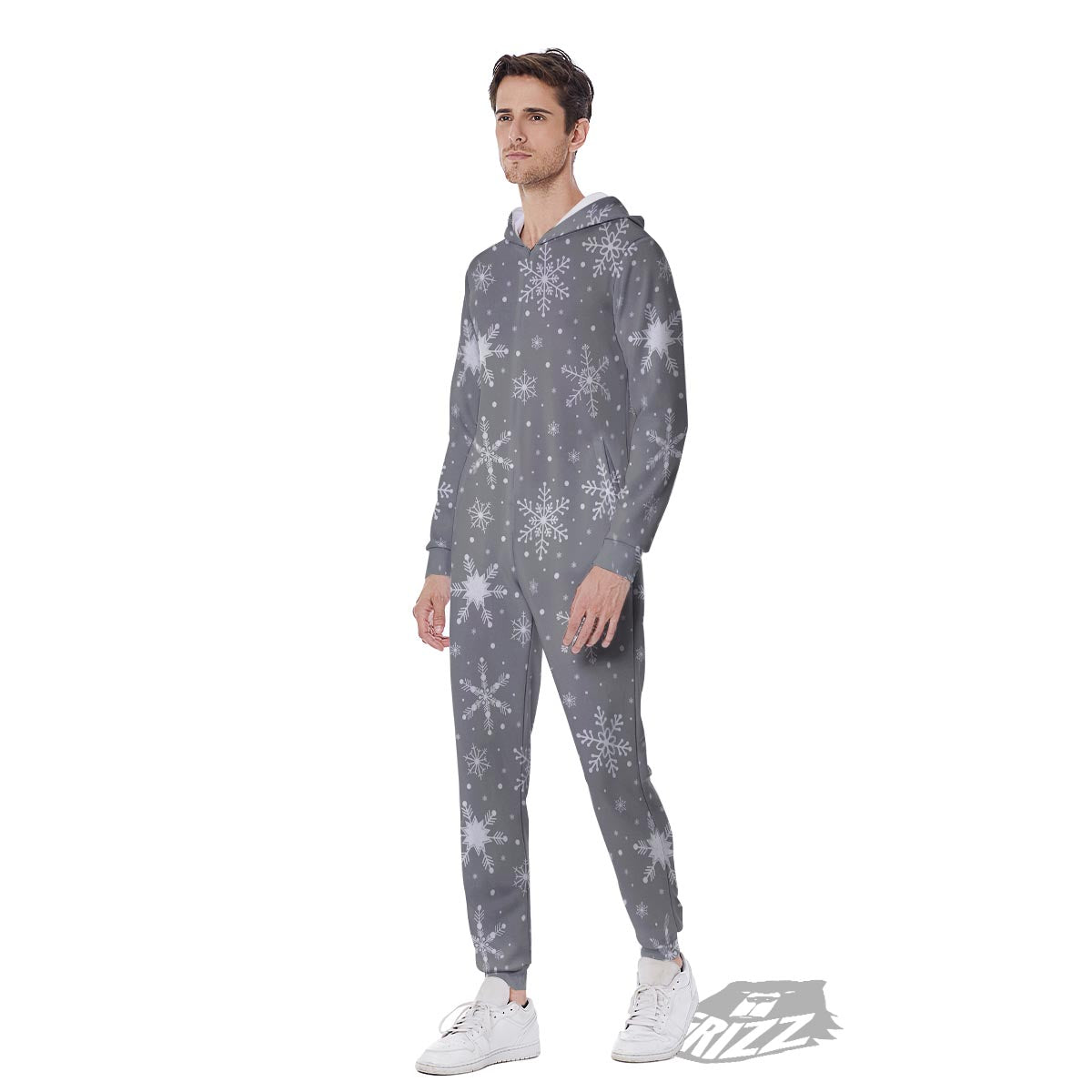 White Snowflake And Silver Print Pattern Men's Jumpsuit-grizzshop