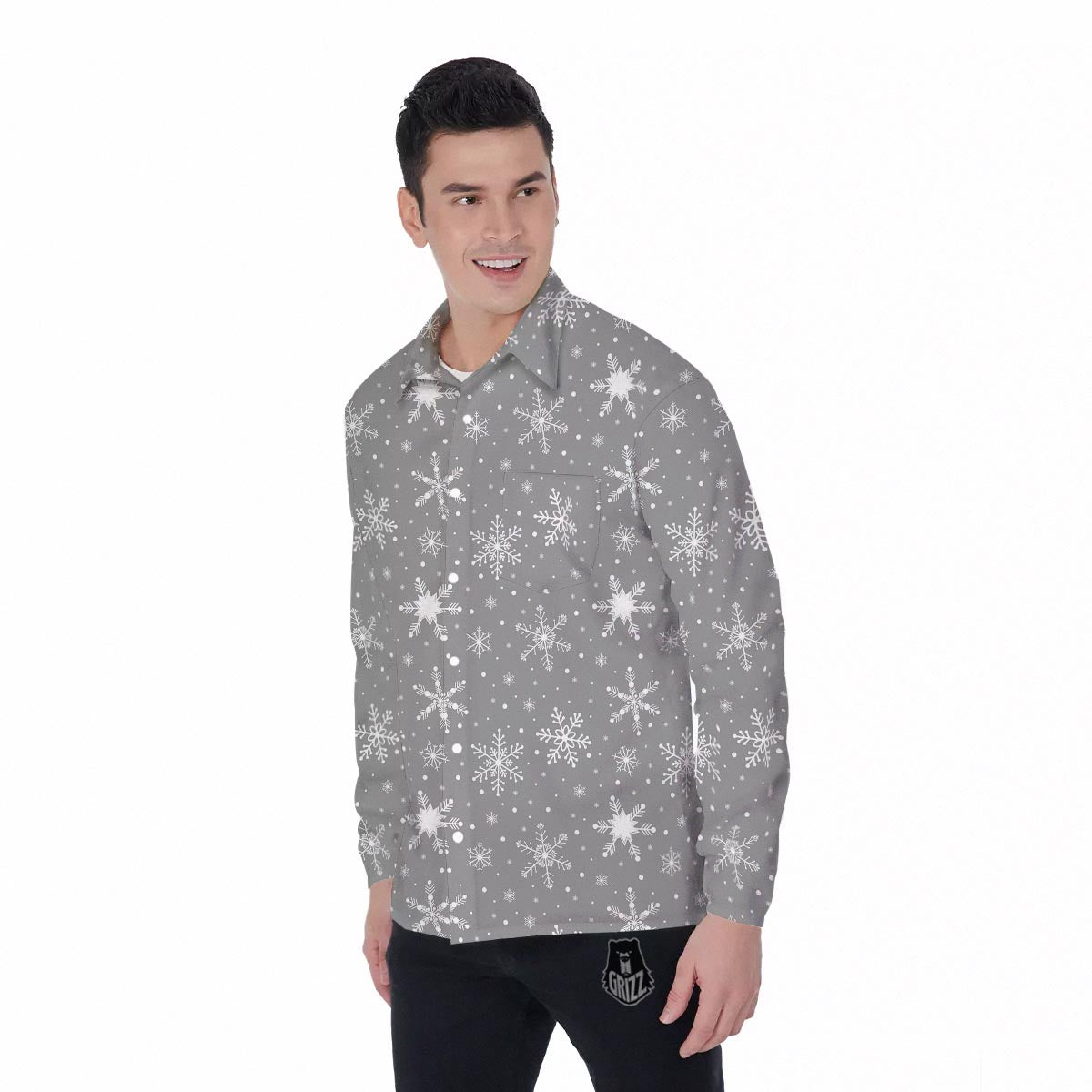 White Snowflake And Silver Print Pattern Men's Long Sleeve Shirts-grizzshop
