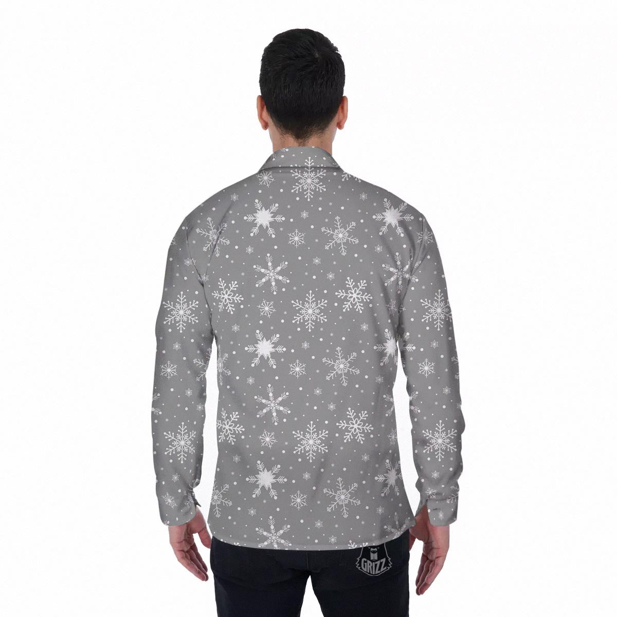 White Snowflake And Silver Print Pattern Men's Long Sleeve Shirts-grizzshop