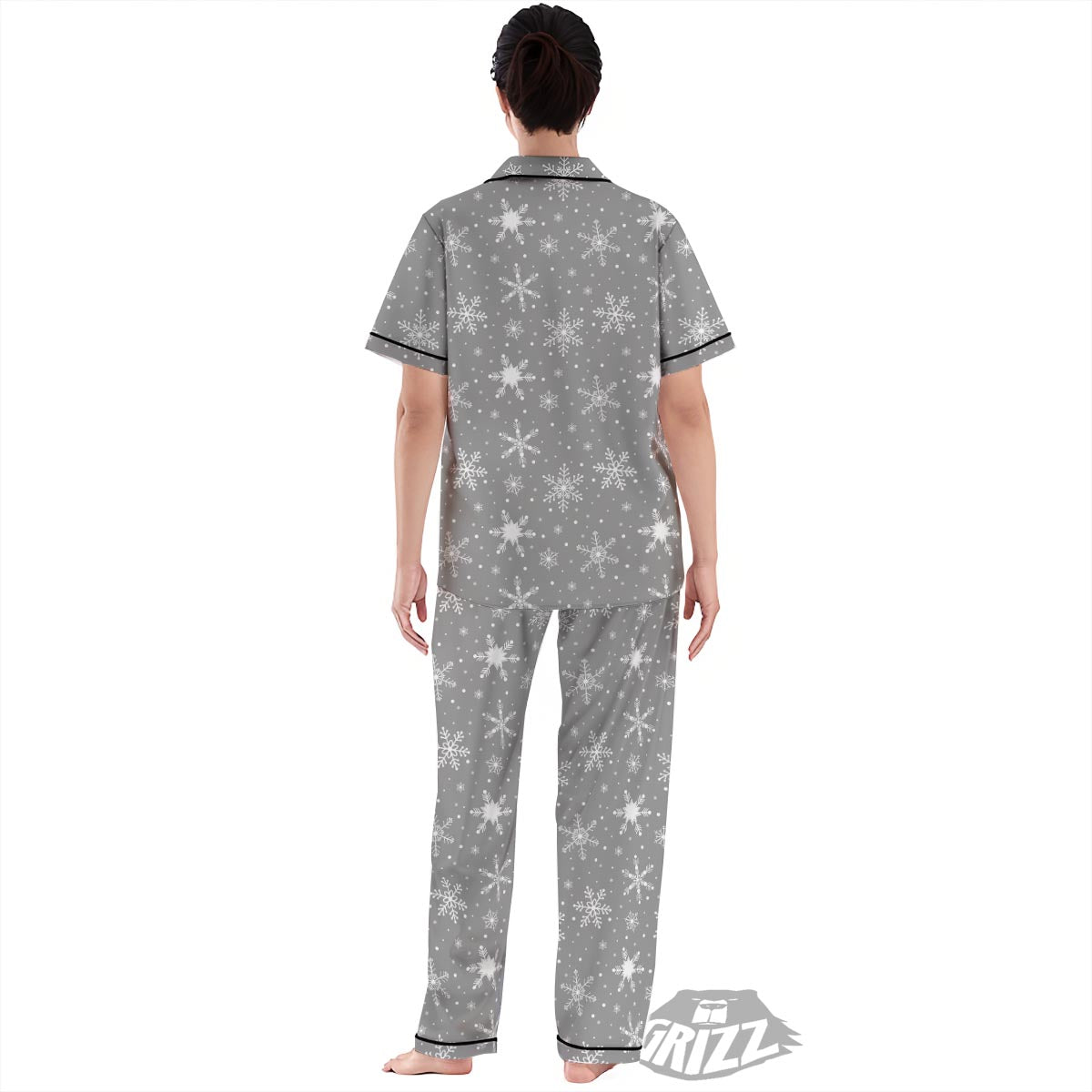 White Snowflake And Silver Print Pattern Women's Pajamas Set-grizzshop