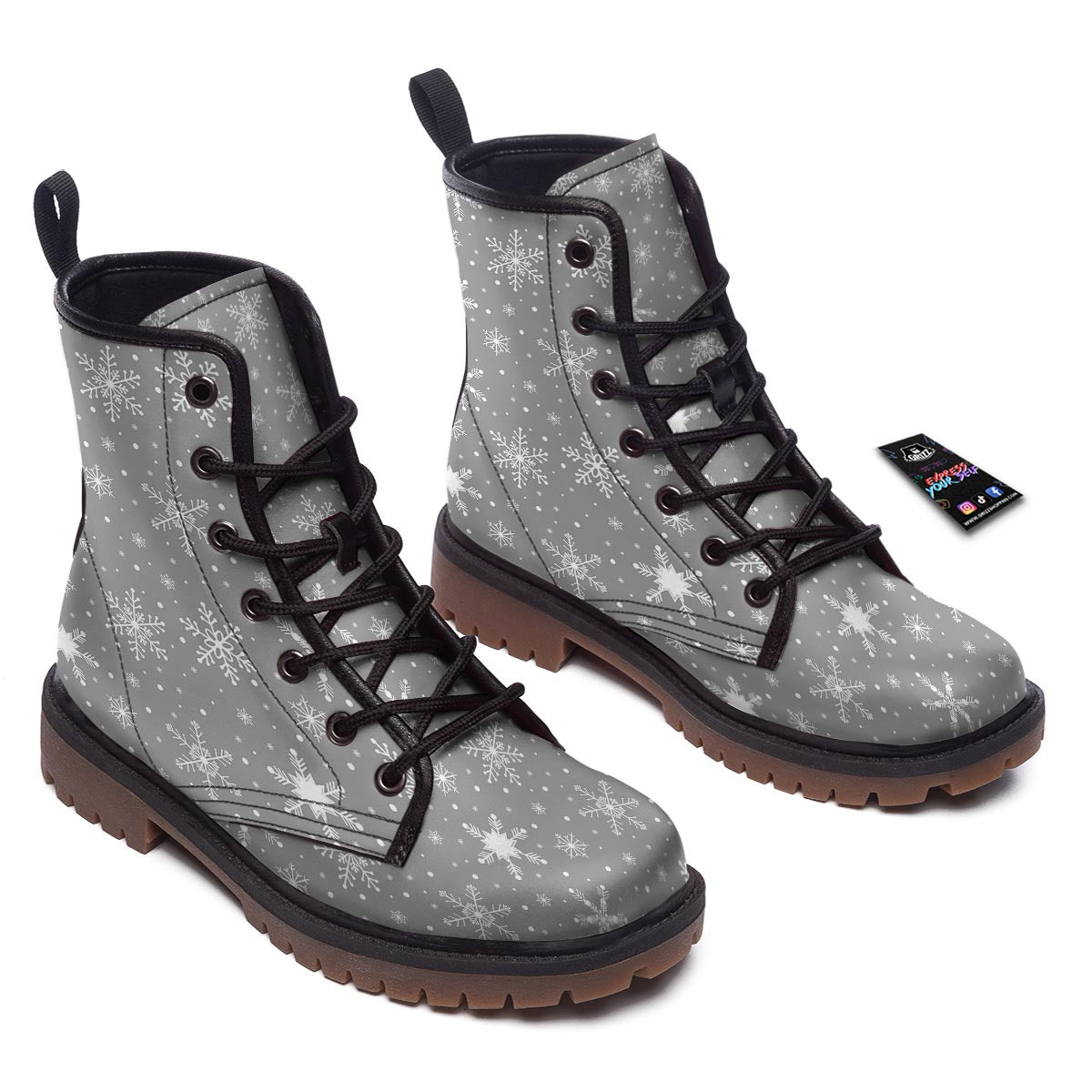 White Snowflake And Silver Print Pattern Work Boots-grizzshop