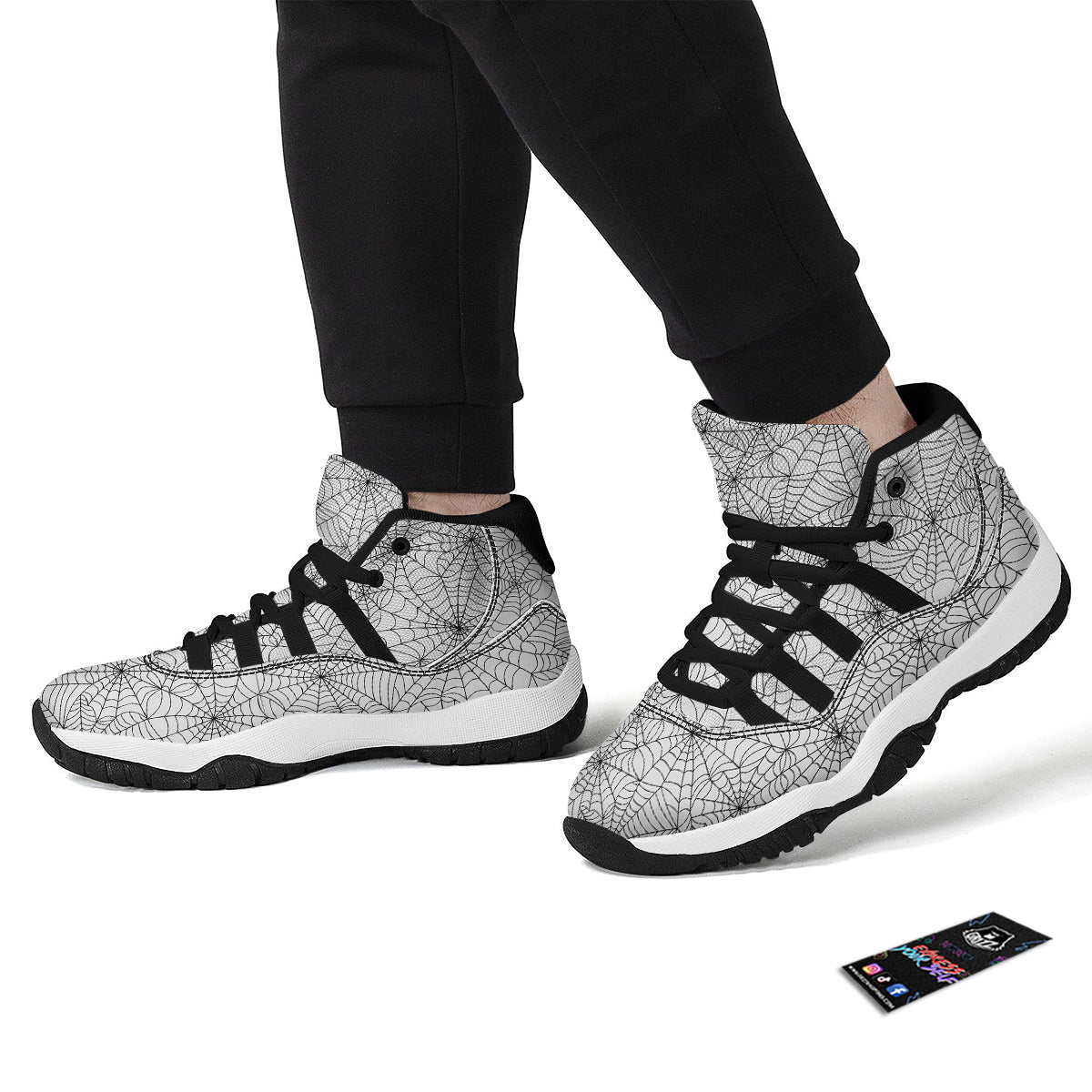 White Spider Web Pattern Print Black Bball Shoes-grizzshop