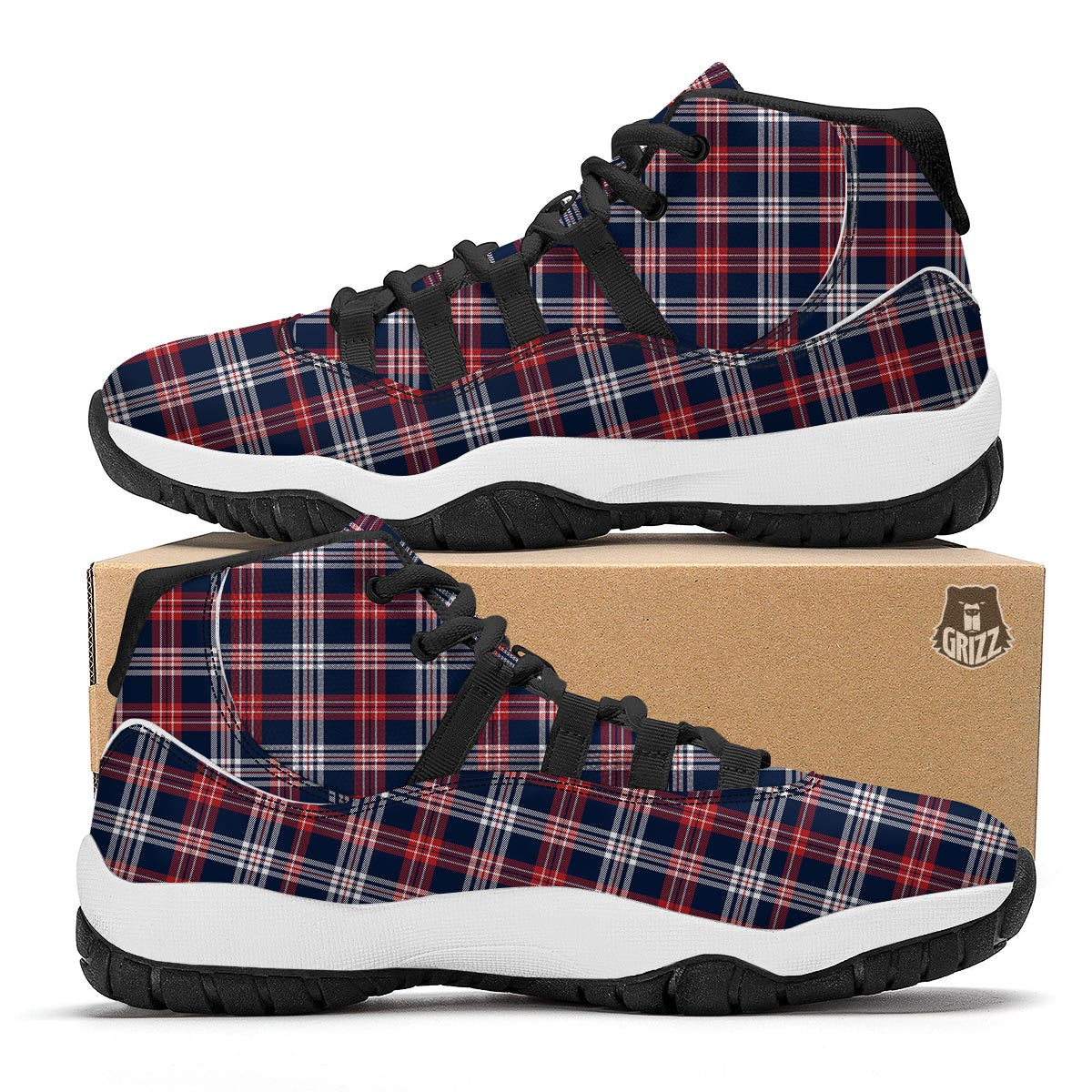 White Tartan And Blue Red Print Pattern Black Bball Shoes-grizzshop