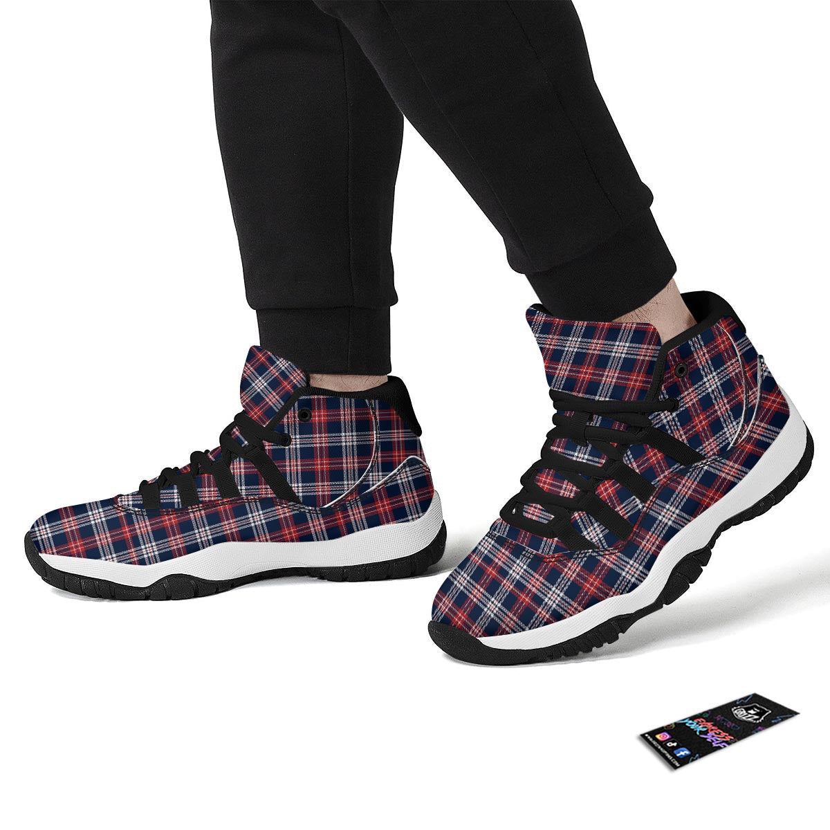White Tartan And Blue Red Print Pattern Black Bball Shoes-grizzshop