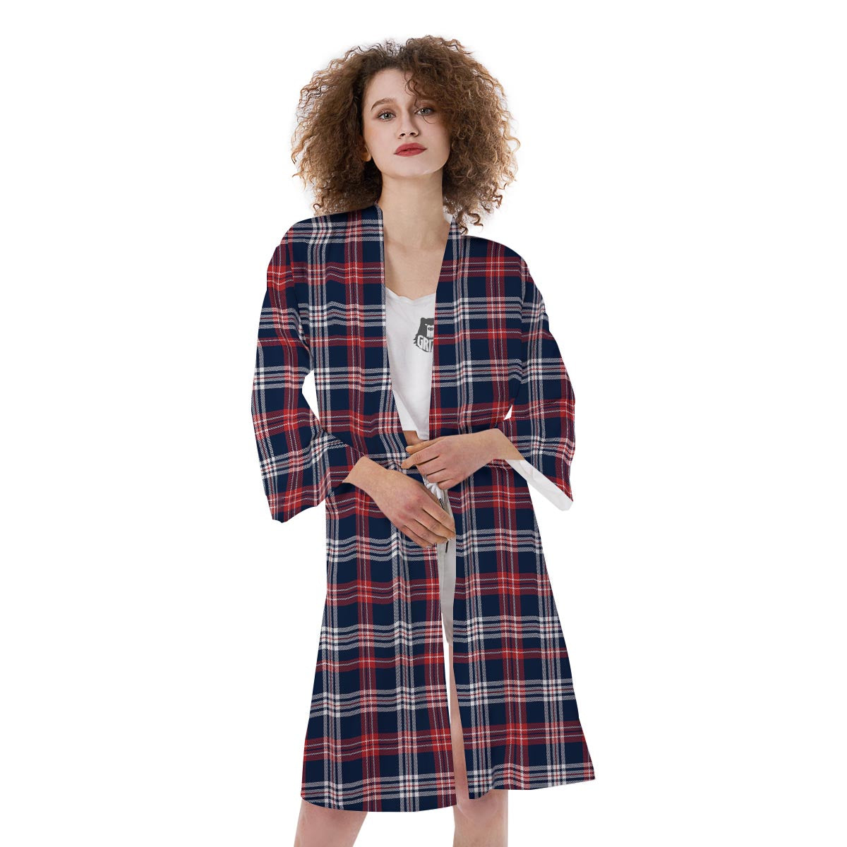 White Tartan And Blue Red Print Pattern Kimono-grizzshop