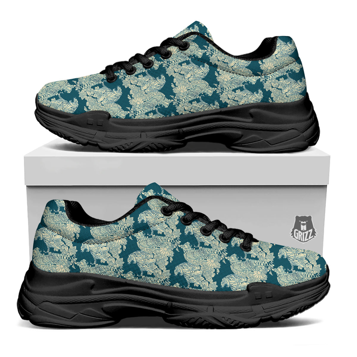 White Tiger Japanese Print Pattern Black Chunky Shoes-grizzshop