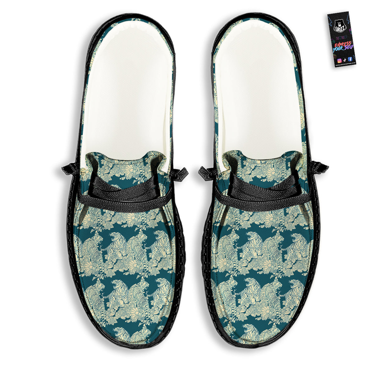 White Tiger Japanese Print Pattern Black Loafers-grizzshop