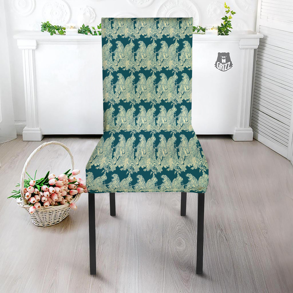 White Tiger Japanese Print Pattern Dining Chair Slipcover-grizzshop
