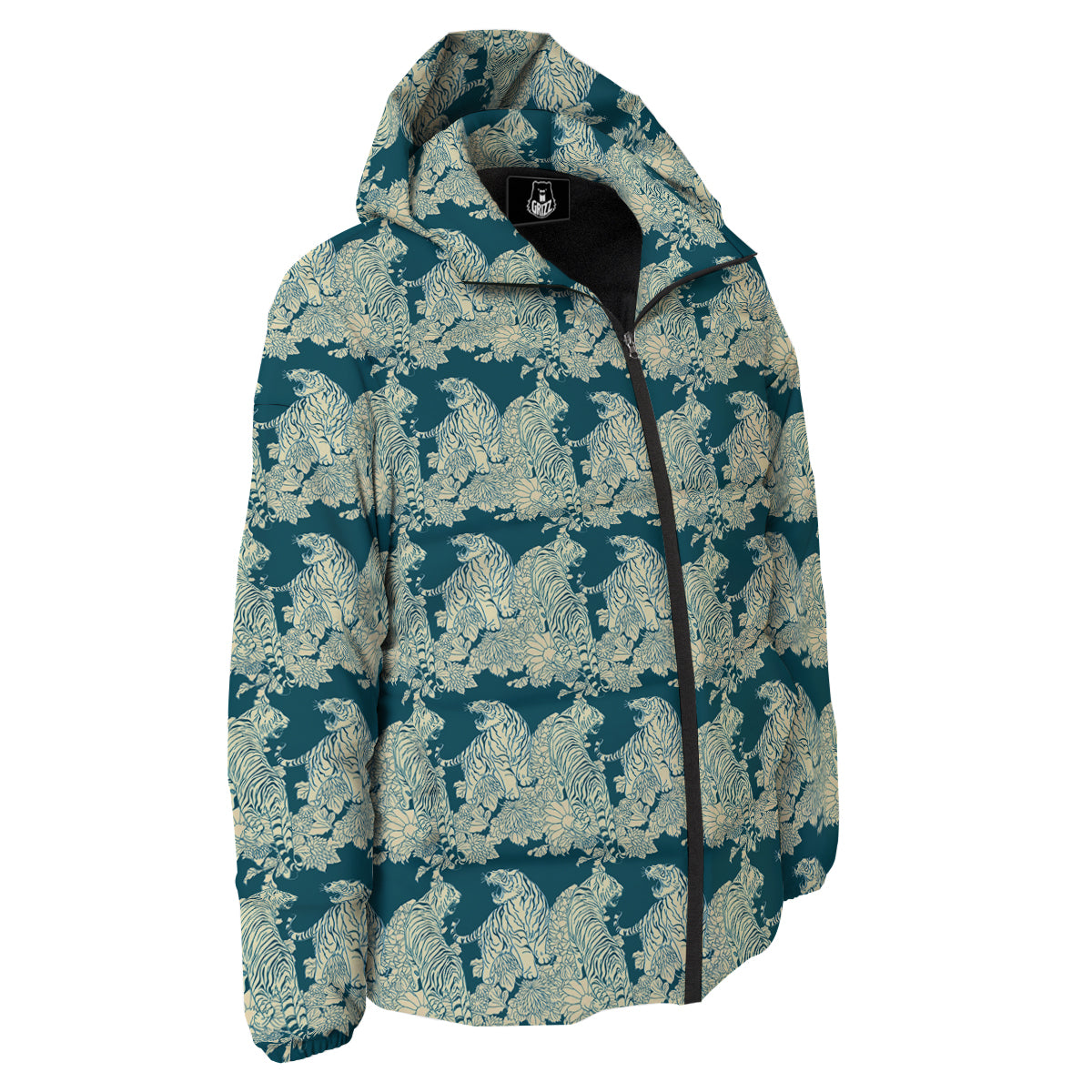 White Tiger Japanese Print Pattern Down Jacket-grizzshop