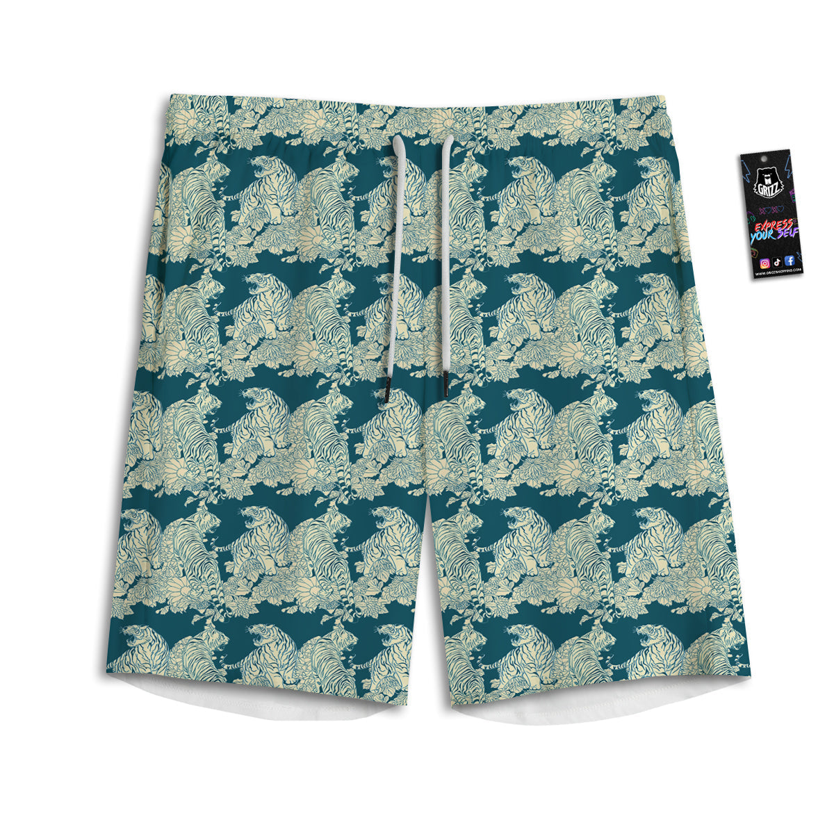 White Tiger Japanese Print Pattern Men's Athletic Shorts