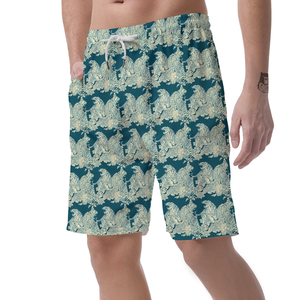 White Tiger Japanese Print Pattern Men's Shorts-grizzshop