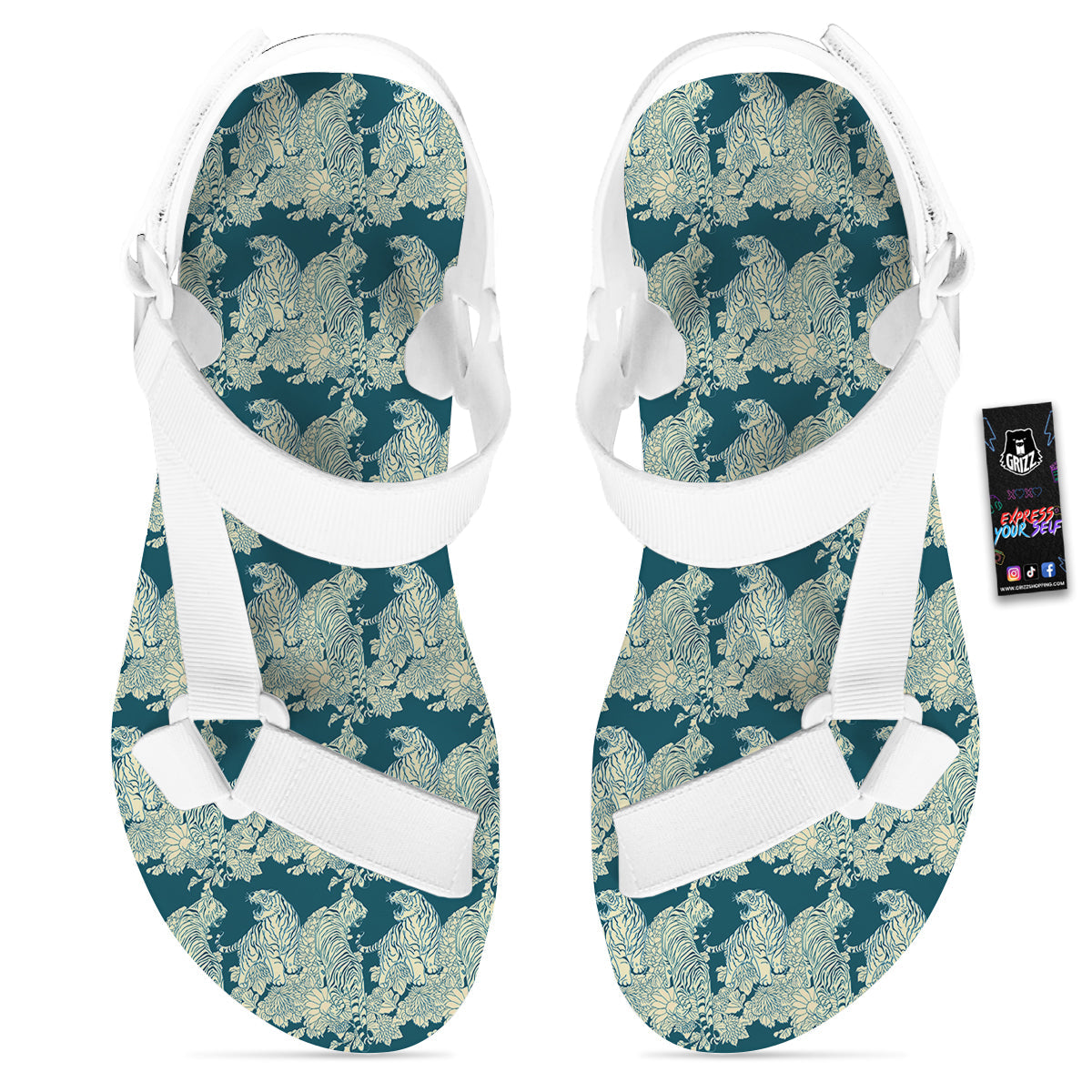 White Tiger Japanese Print Pattern White Open Toe Sandals-grizzshop