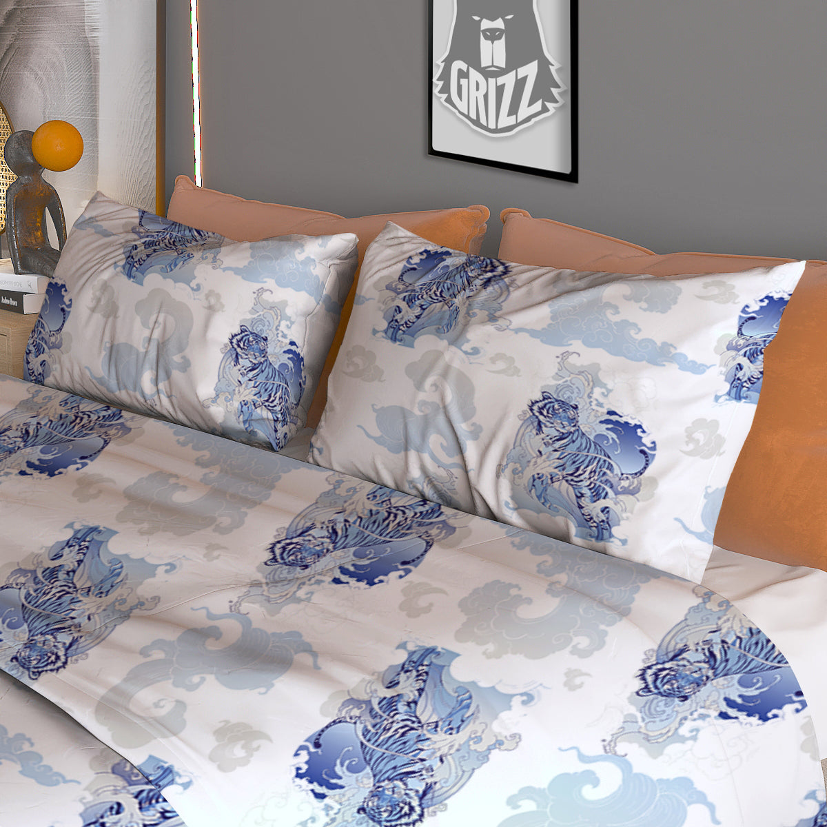 White Tiger Tattoo Japanese Print Pattern Duvet Cover Bedding Set