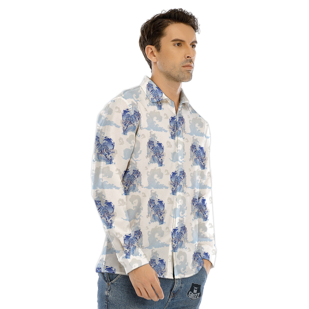 White Tiger Tattoo Japanese Print Pattern Men's Dress Shirts-grizzshop