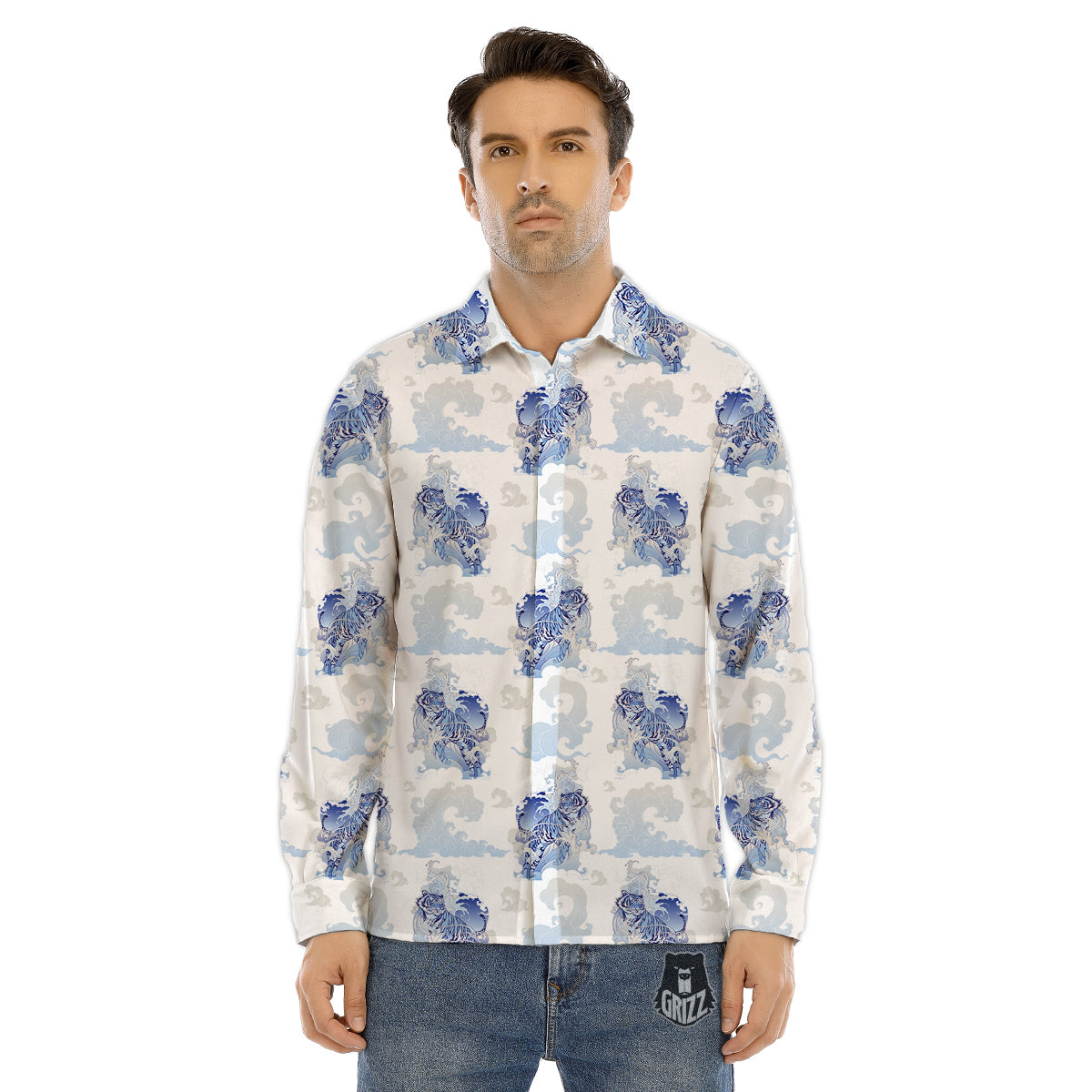 White Tiger Tattoo Japanese Print Pattern Men's Dress Shirts-grizzshop