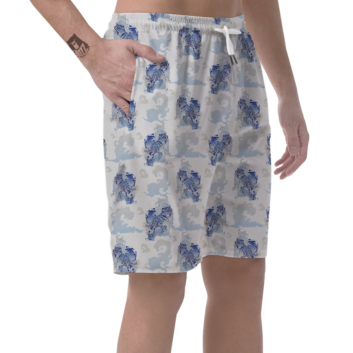 White Tiger Tattoo Japanese Print Pattern Men's Shorts-grizzshop