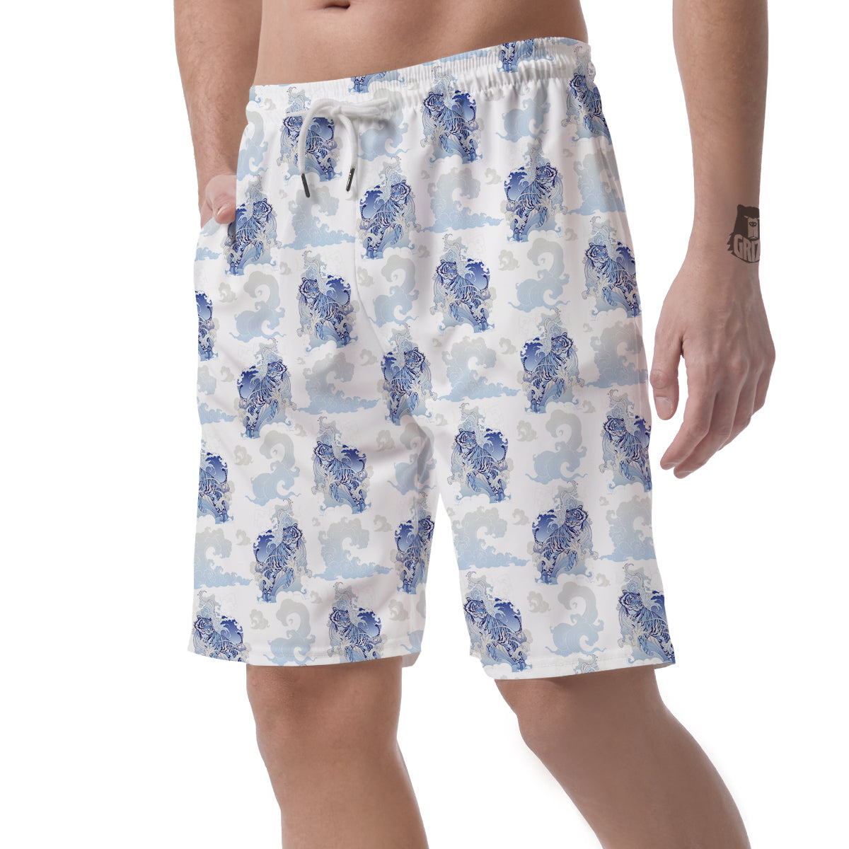White Tiger Tattoo Japanese Print Pattern Men's Shorts-grizzshop