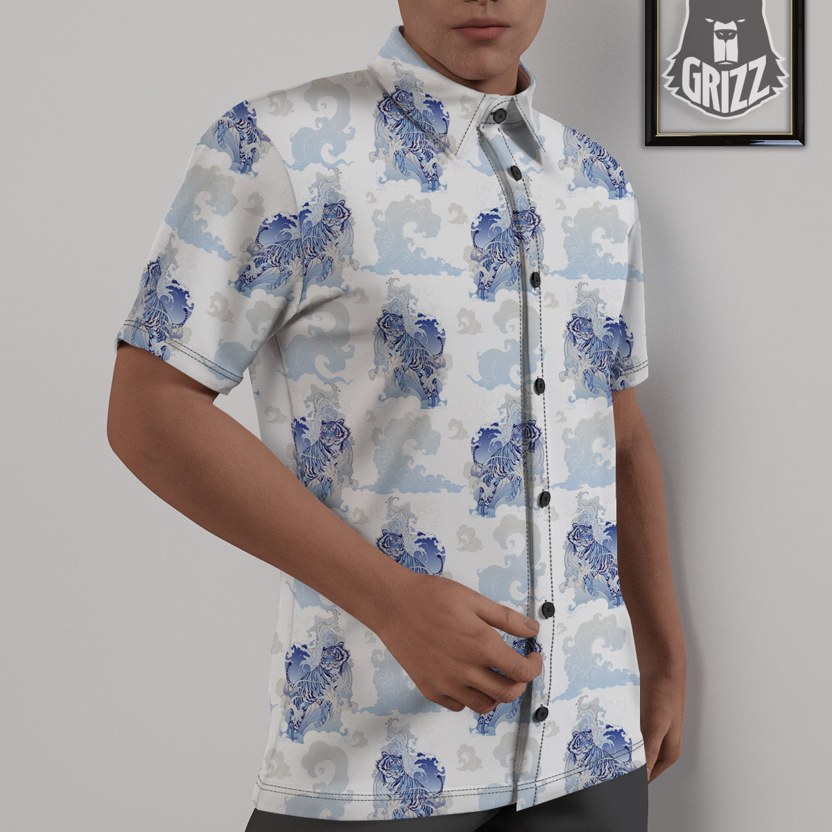 White Tiger Tattoo Japanese Print Pattern Untucked Shirts-grizzshop