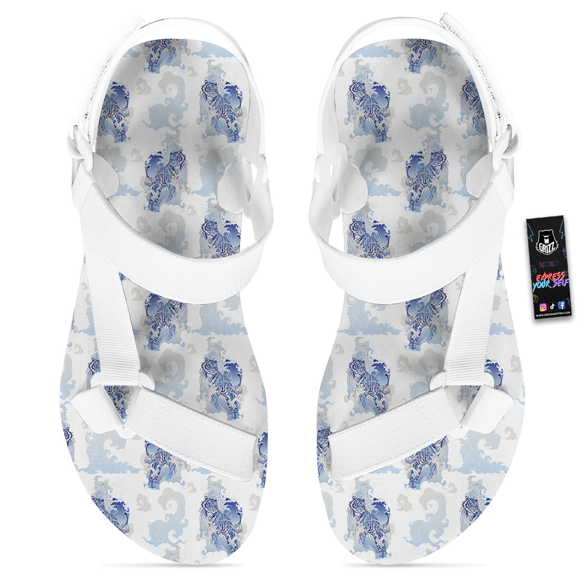 White Tiger Tattoo Japanese Print Pattern White Open Toe Sandals-grizzshop