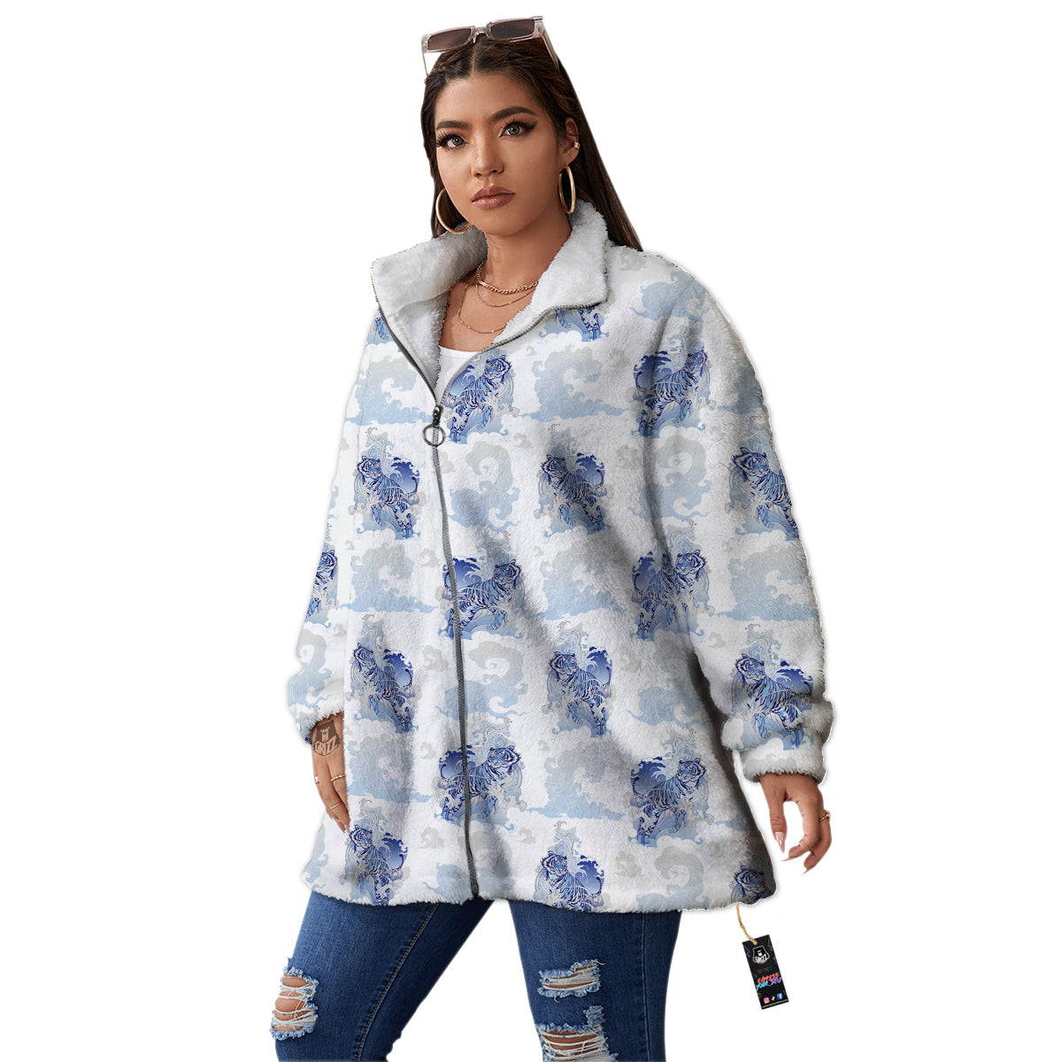 White Tiger Tattoo Japanese Print Pattern Women's Sherpa Jacket-grizzshop