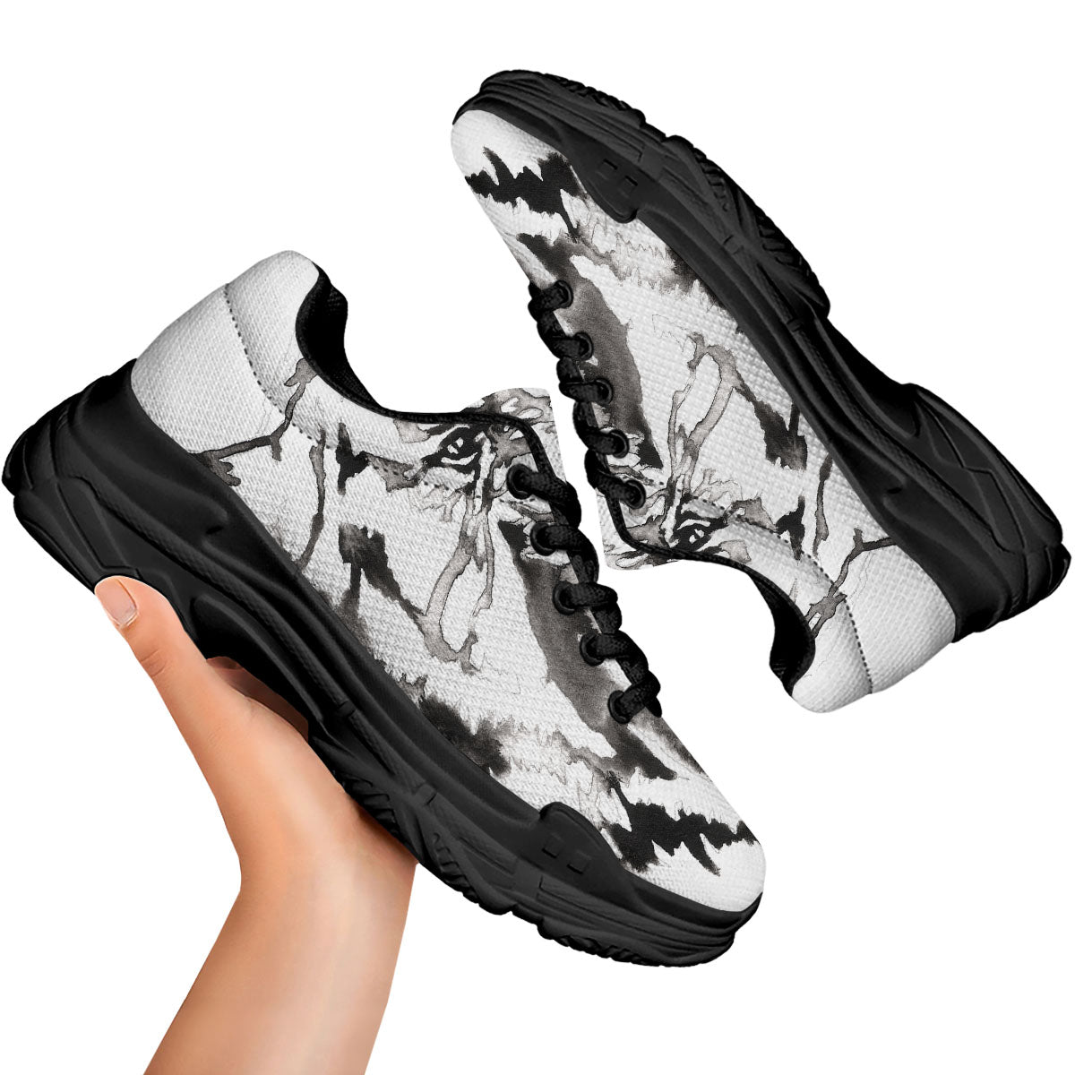 White Tiger Watercolor Monochrome Print Black Chunky Shoes-grizzshop