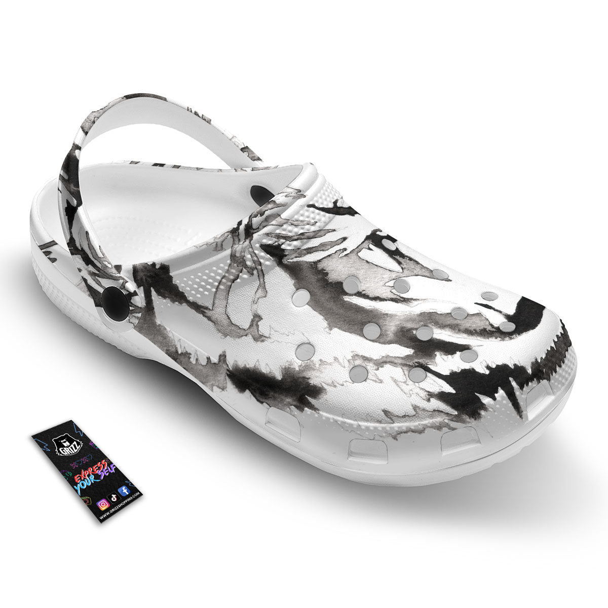 White Tiger Watercolor Monochrome Print Clog-grizzshop