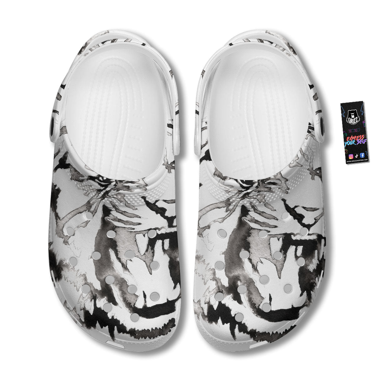 White Tiger Watercolor Monochrome Print Clog-grizzshop