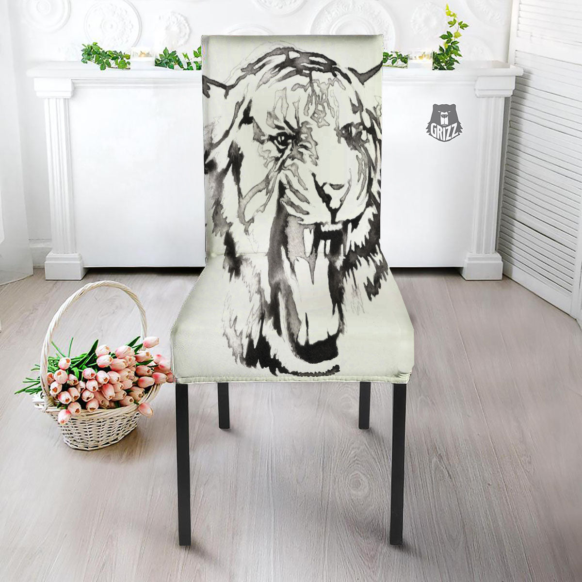 White Tiger Watercolor Monochrome Print Dining Chair Slipcover-grizzshop