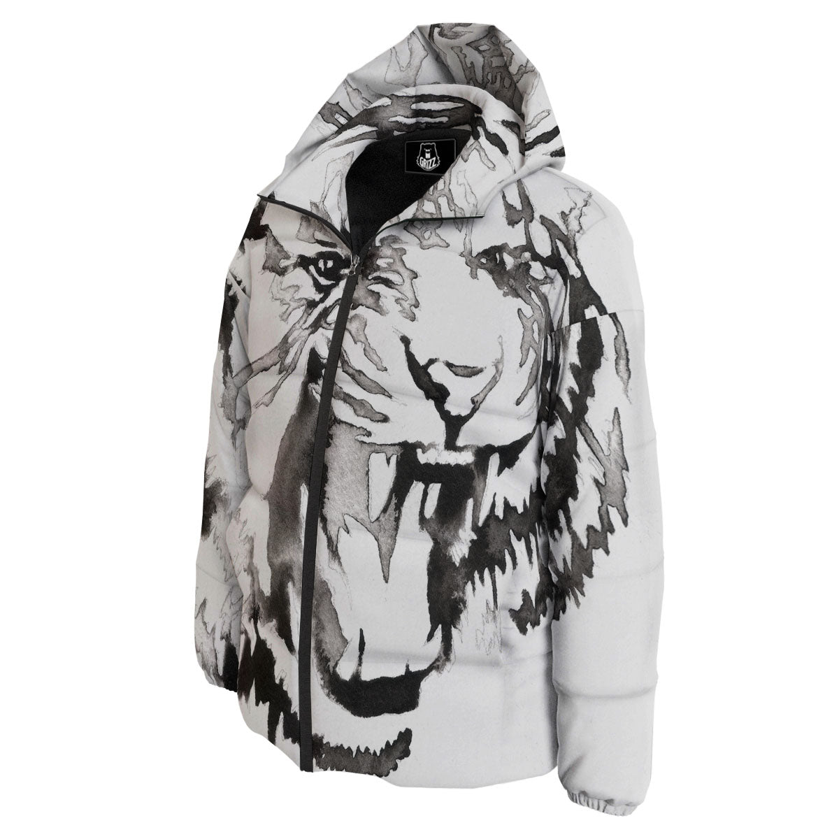 White Tiger Watercolor Monochrome Print Down Jacket-grizzshop