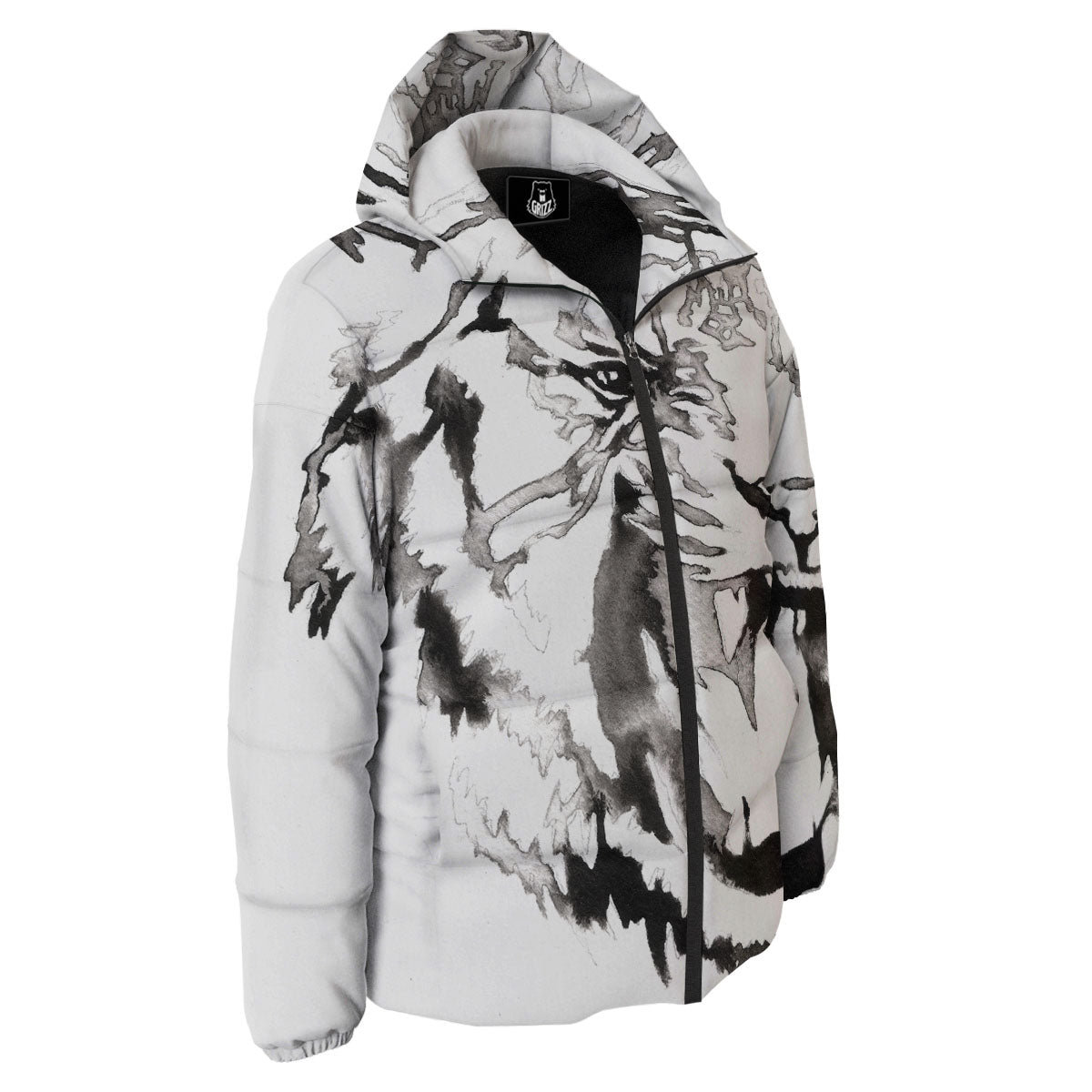 White Tiger Watercolor Monochrome Print Down Jacket-grizzshop