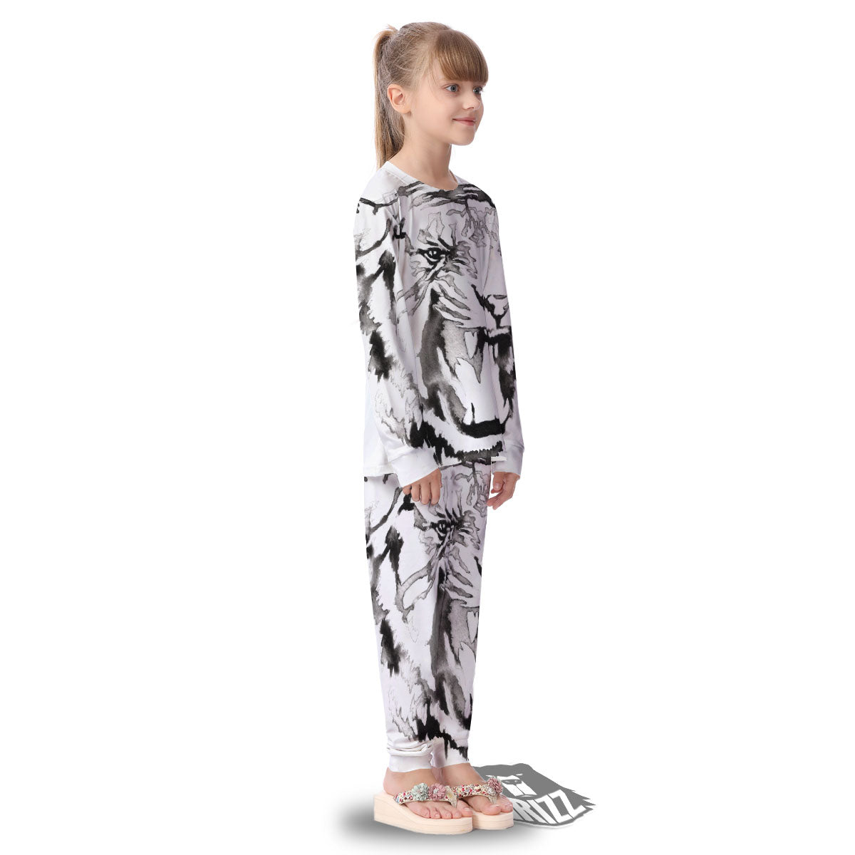 White Tiger Watercolor Monochrome Print Kid's Pajamas-grizzshop