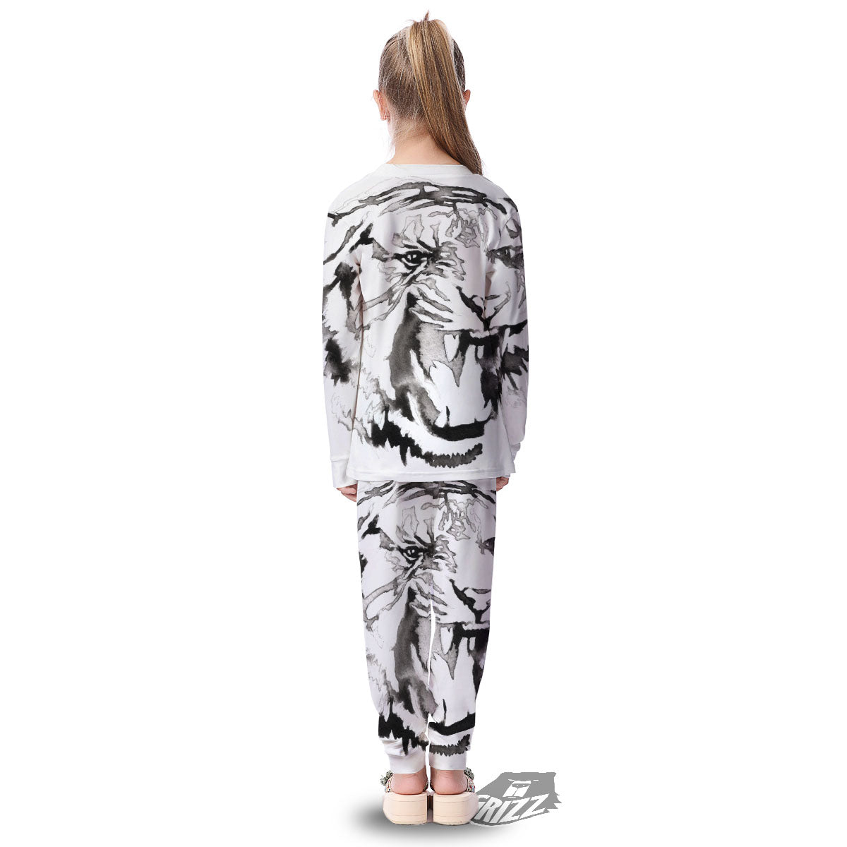 White Tiger Watercolor Monochrome Print Kid's Pajamas-grizzshop