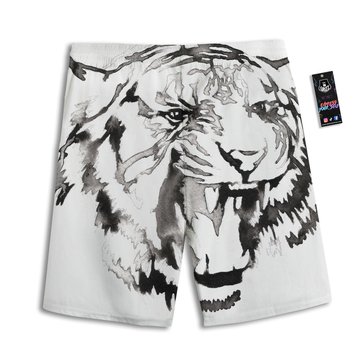 White Tiger Watercolor Monochrome Print Men's Athletic Shorts