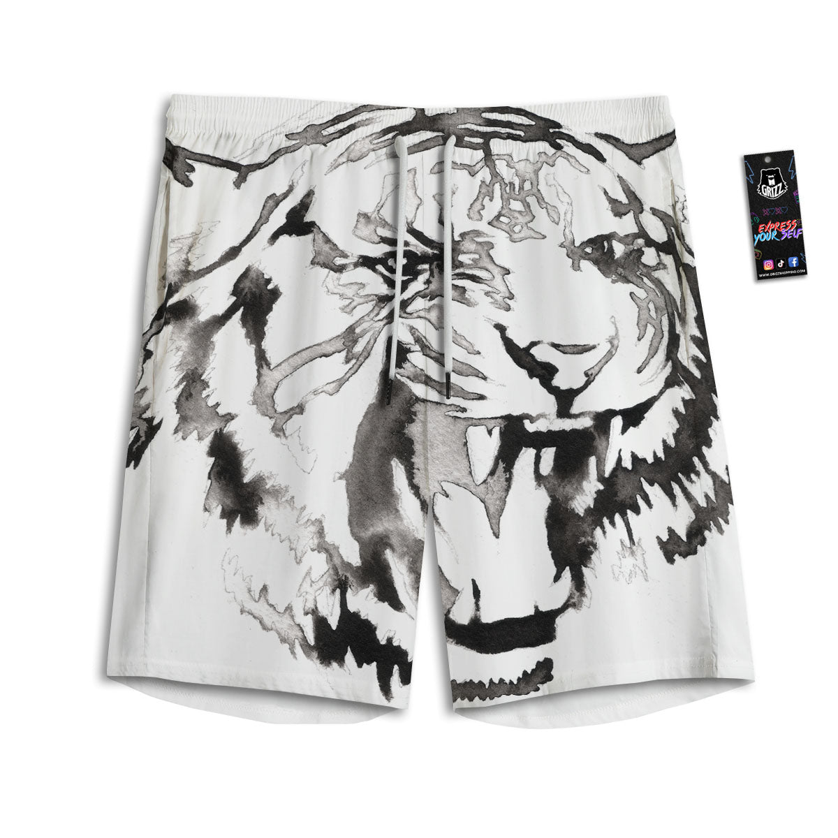 White Tiger Watercolor Monochrome Print Men's Athletic Shorts