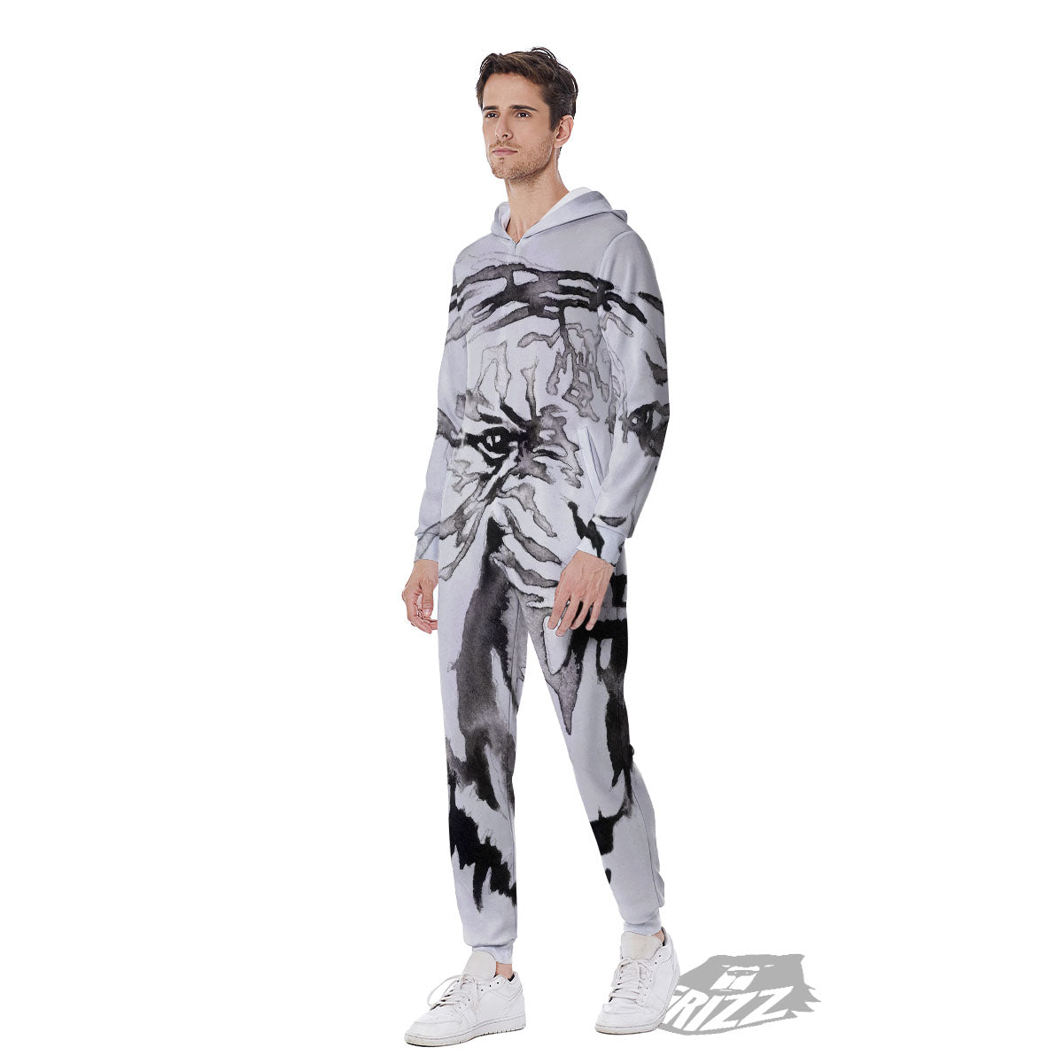 White Tiger Watercolor Monochrome Print Men's Jumpsuit-grizzshop