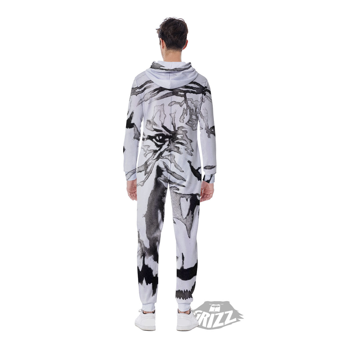 White Tiger Watercolor Monochrome Print Men's Jumpsuit-grizzshop