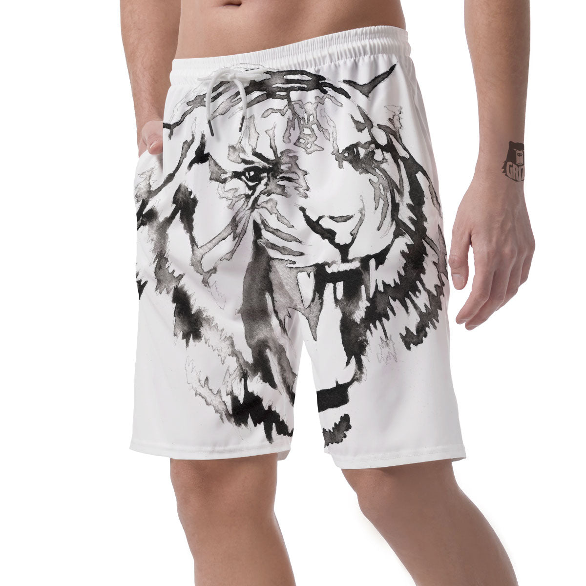 White Tiger Watercolor Monochrome Print Men's Shorts-grizzshop