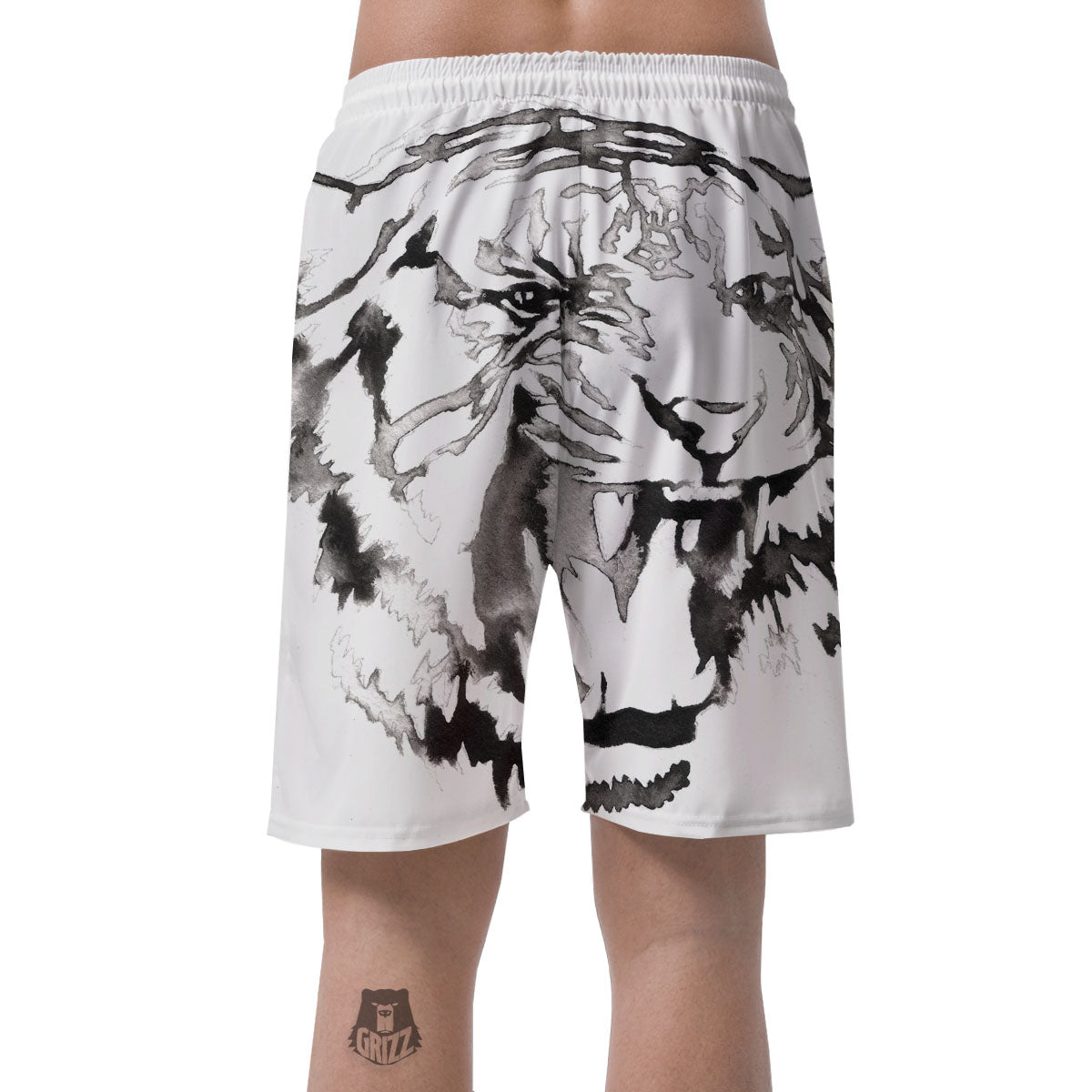 White Tiger Watercolor Monochrome Print Men's Shorts-grizzshop