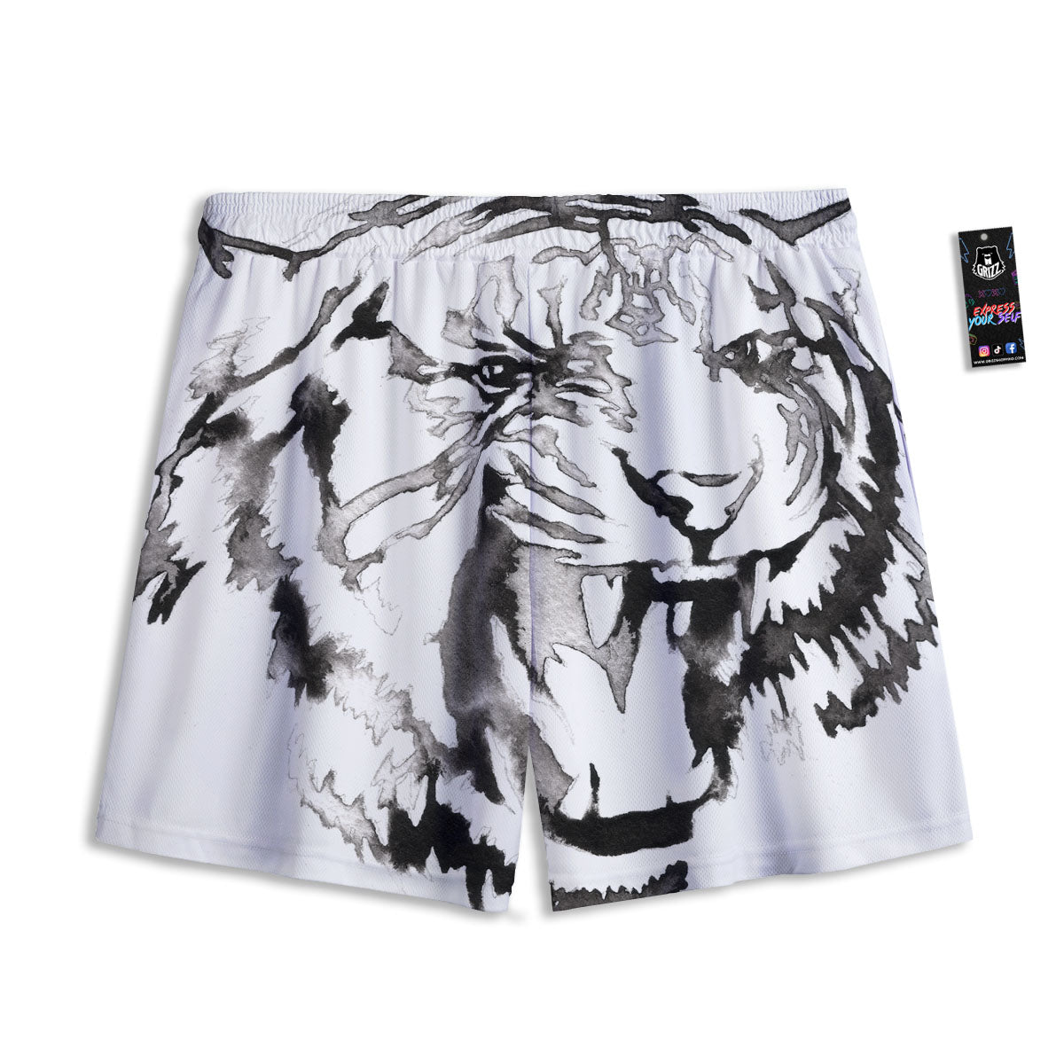White Tiger Watercolor Monochrome Print Mesh Shorts