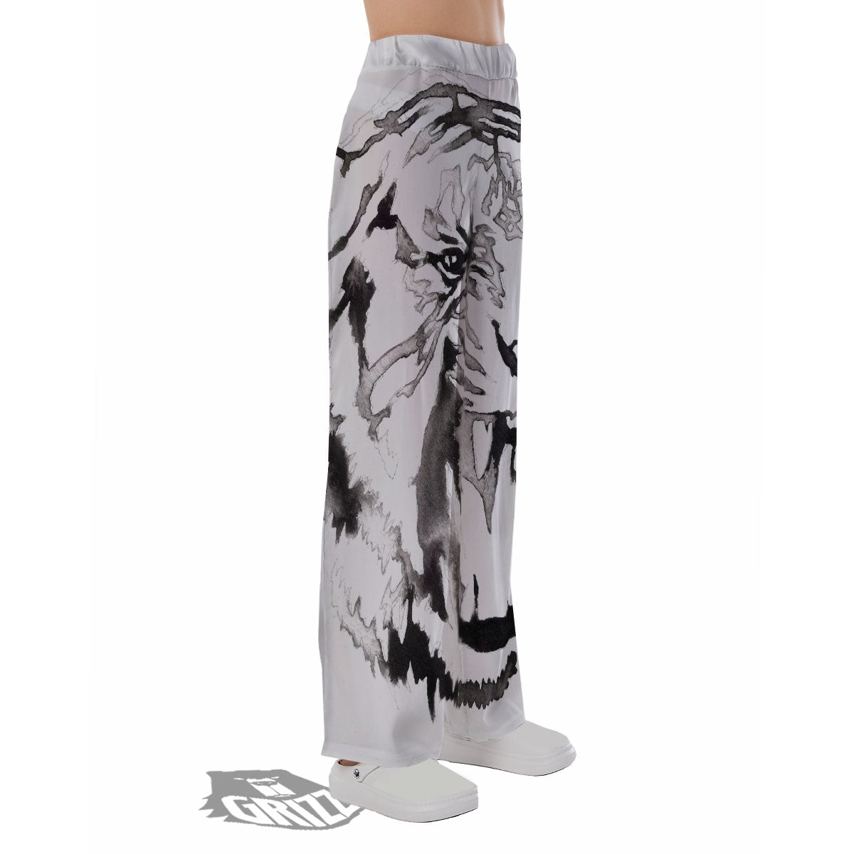White Tiger Watercolor Monochrome Print Pajama Pants-grizzshop