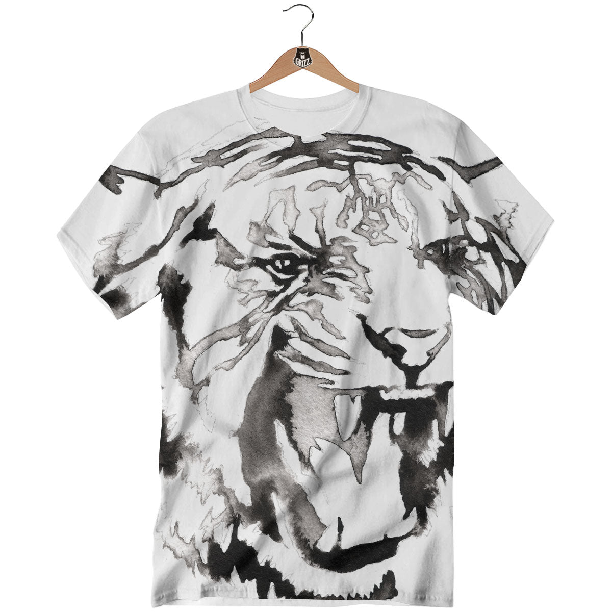 White Tiger Watercolor Monochrome Print T-Shirt-grizzshop