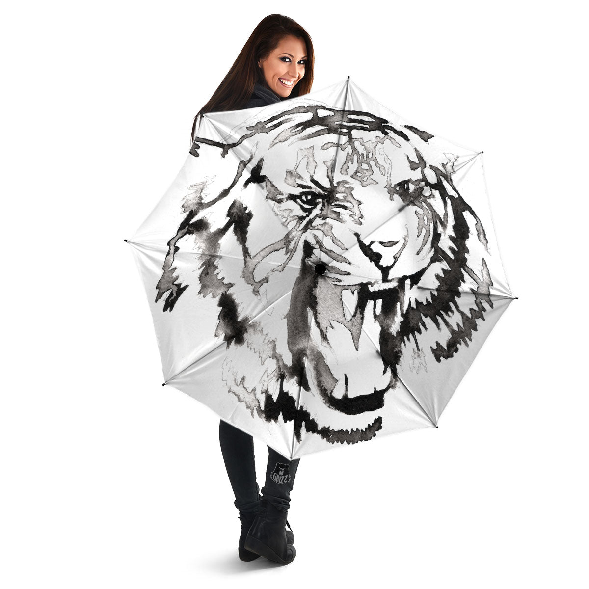 White Tiger Watercolor Monochrome Print Umbrella-grizzshop