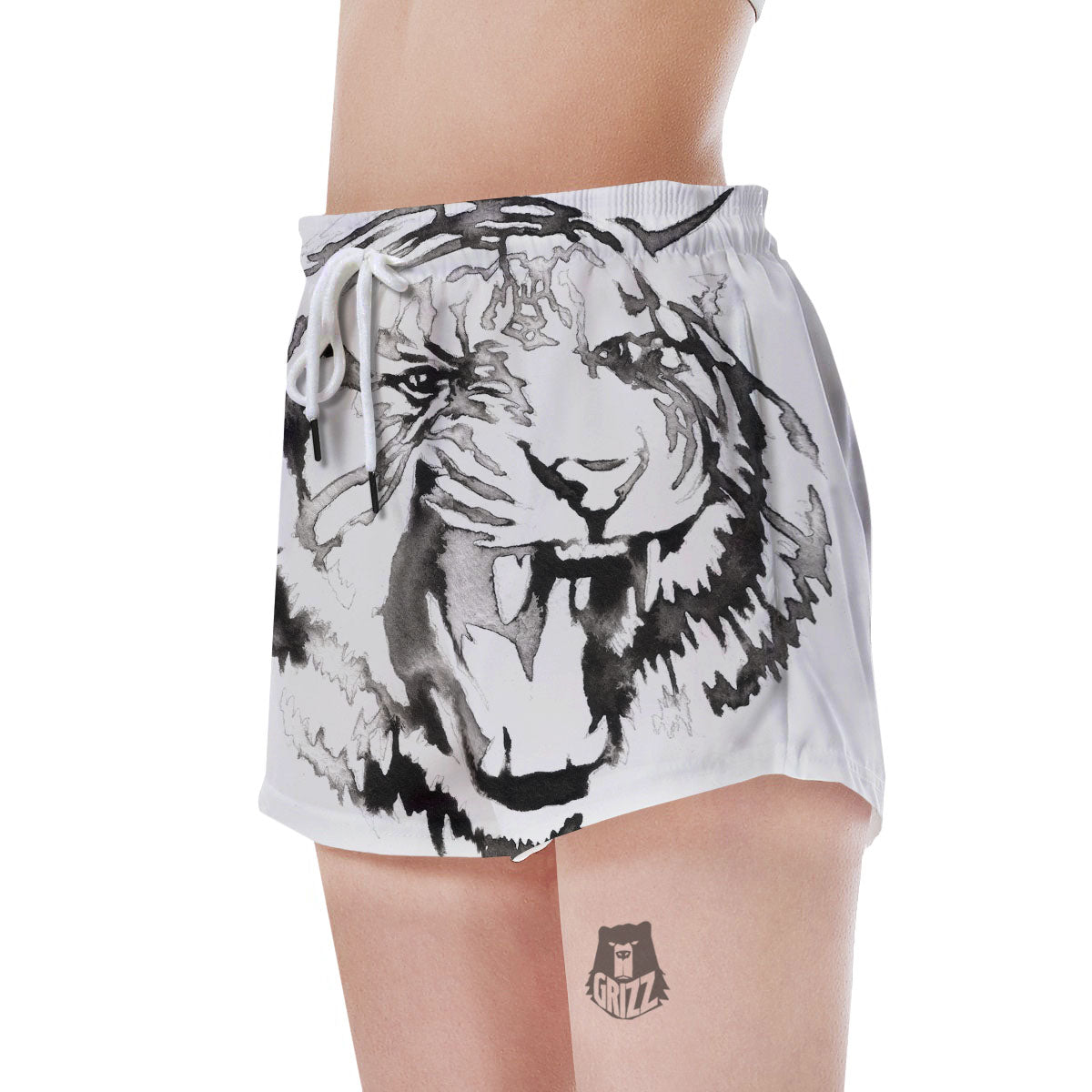 White Tiger Watercolor Monochrome Print Women's Shorts-grizzshop