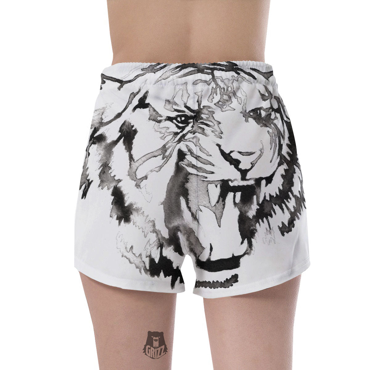 White Tiger Watercolor Monochrome Print Women's Shorts-grizzshop