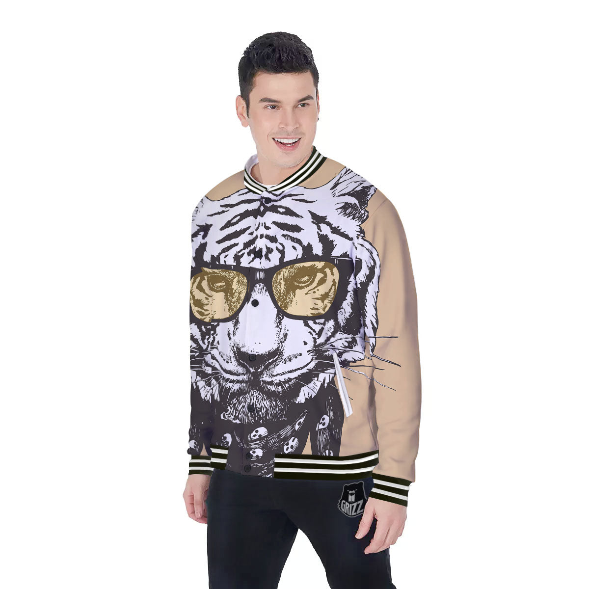 White Tiger With Sunglasses Print Pattern Baseball Jacket-grizzshop