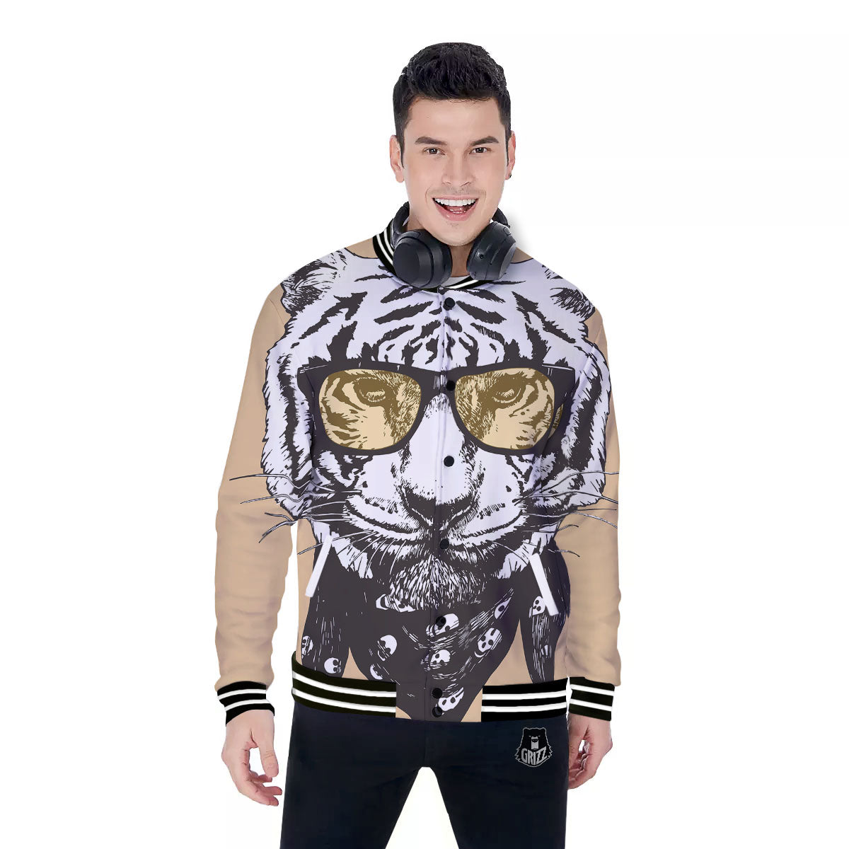 White Tiger With Sunglasses Print Pattern Baseball Jacket-grizzshop