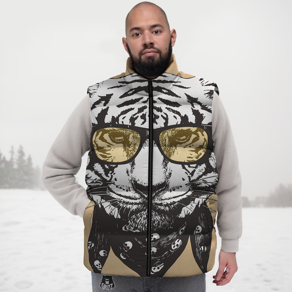 White Tiger With Sunglasses Print Pattern Down Vest