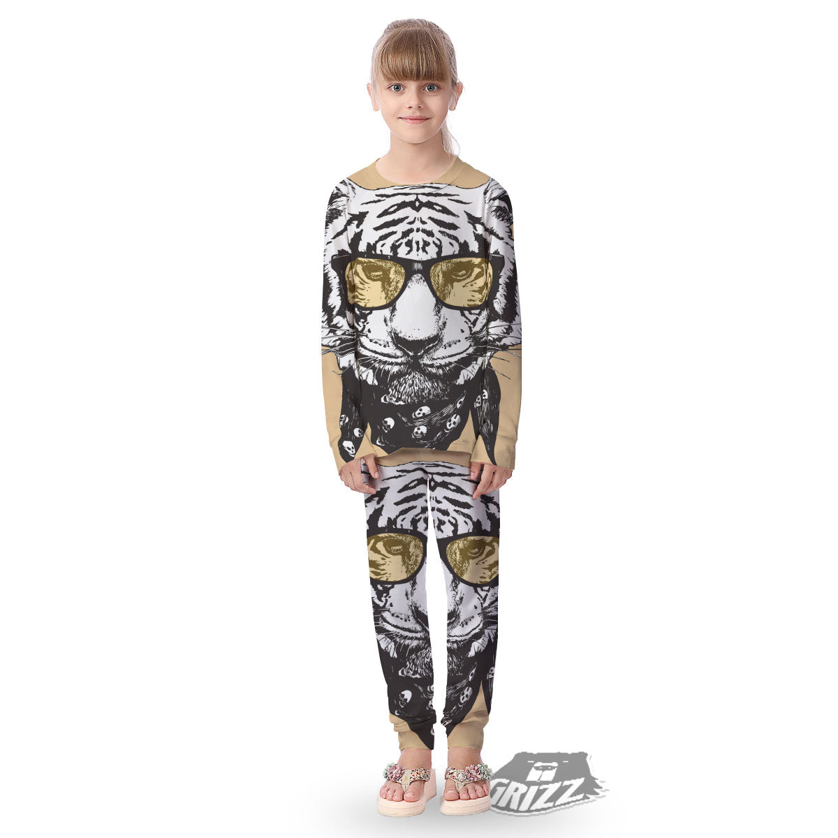 White Tiger With Sunglasses Print Pattern Kid's Pajamas-grizzshop